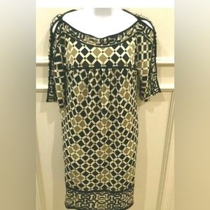 Nine West Shift Dress Size 2 Black Ivory Brown Geometric Print